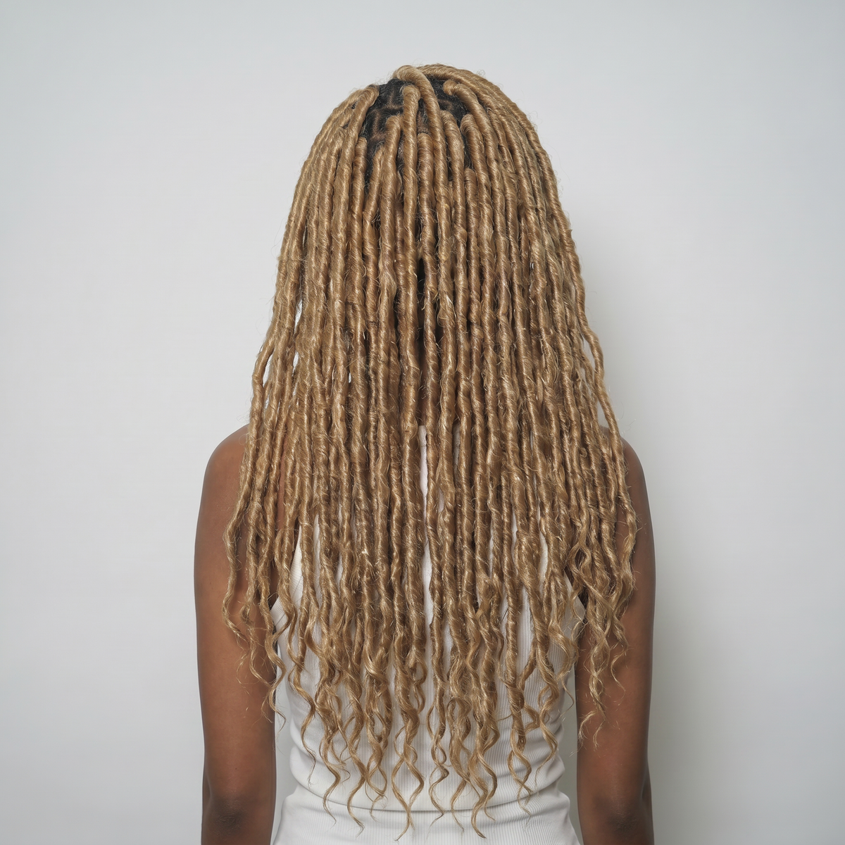 WIGZ 04 - Full back view of 24 inch 200% density AFRO ROOTED BLONDE LOCS wig.