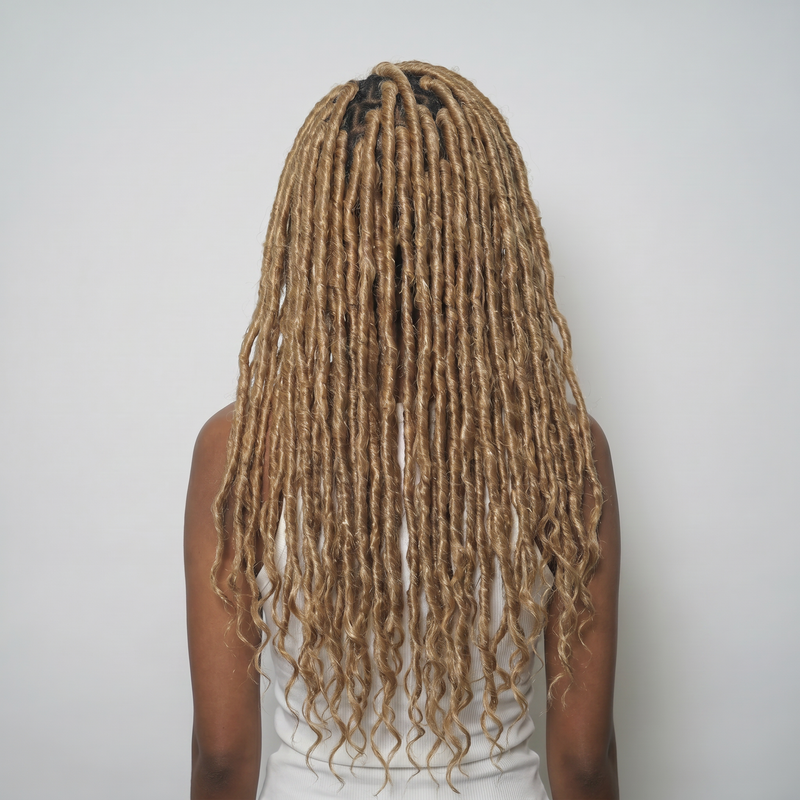 WIGZ 04 - Full back view of 24 inch 200% density AFRO ROOTED BLONDE LOCS wig.