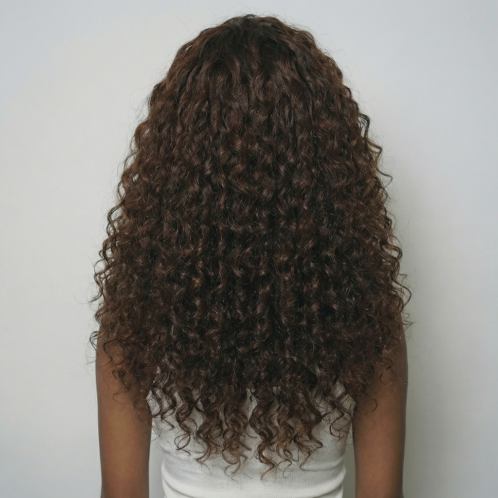 WIGZ 08 - Full back view of 24 inch 180% density CURLY CHOCOLATE wig.