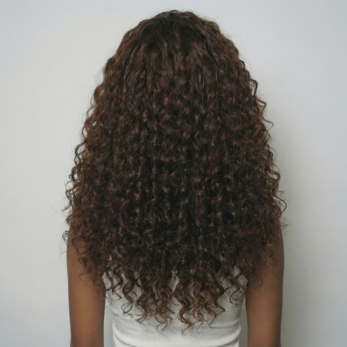 WIGZ 08 - Full back view of 24 inch 180% density CURLY CHOCOLATE wig.
