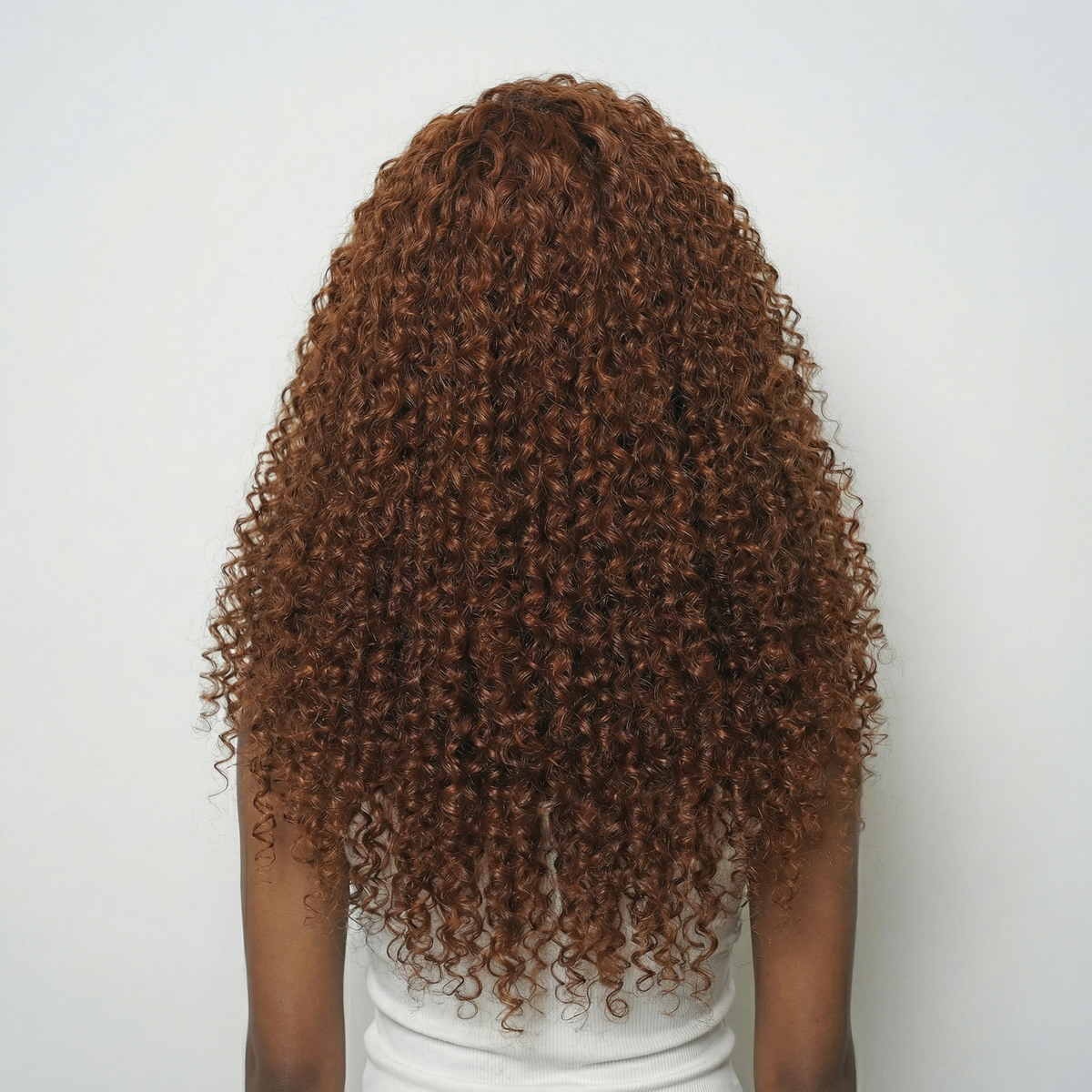 WIGZ 09 - Full back view of 28 inch 220% density CURLY COPPER BROWN wig.