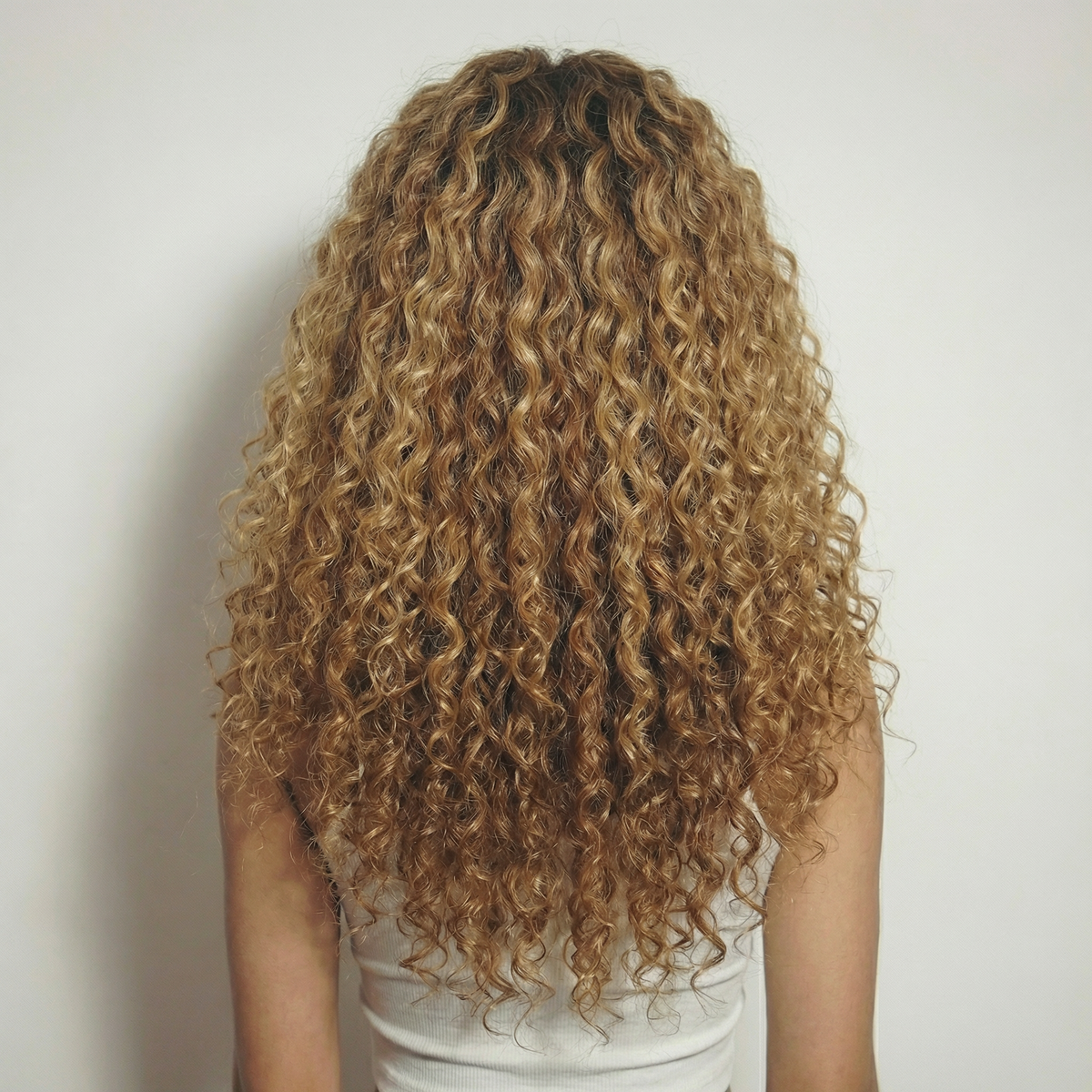 WIGZ 10 - Full back view of 28 inch 200% density CURLY BLONDE BALAYAGE wig.