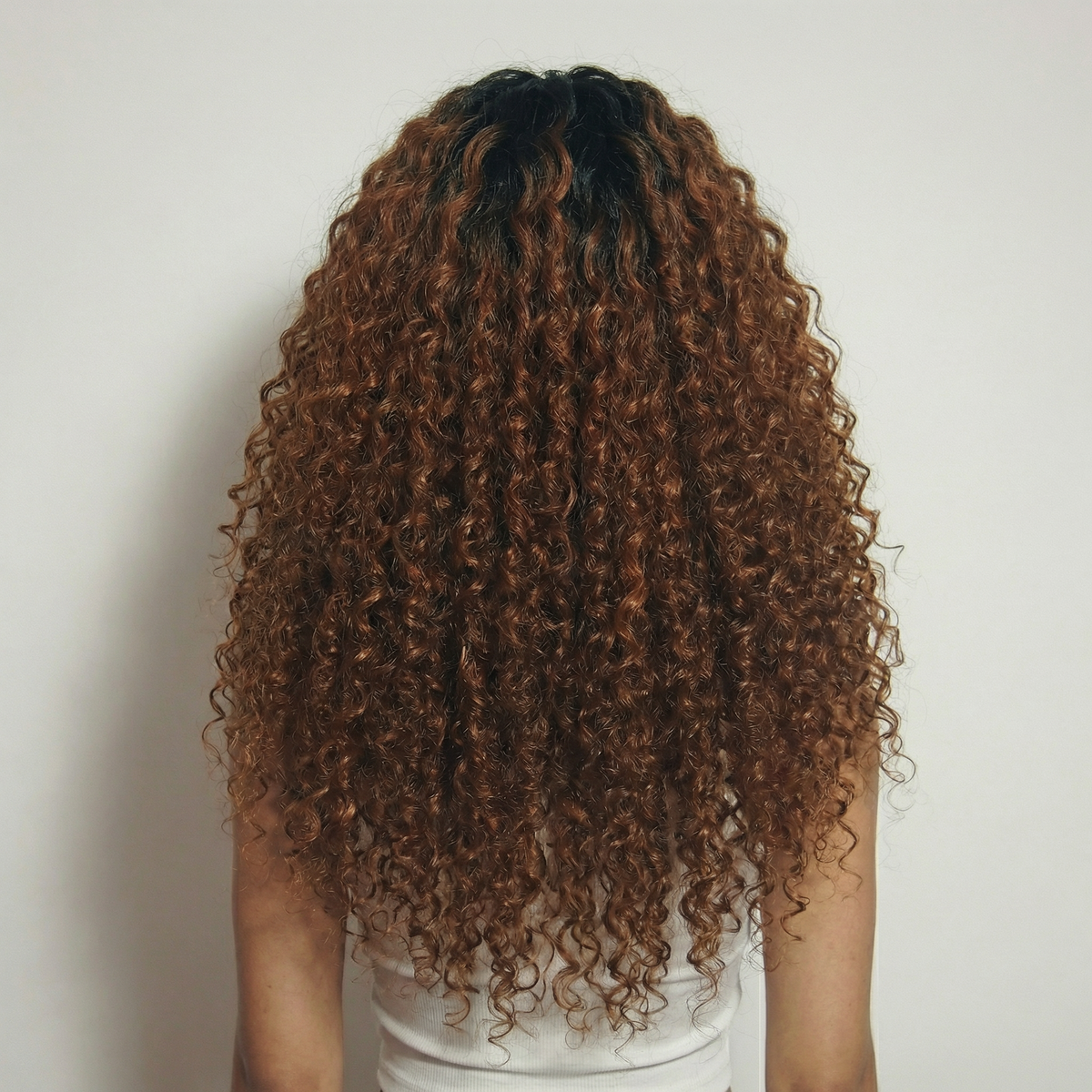 WIGZ 11 - Full back view of 28 inch 200% density CURLY ROOTED CINNAMON BROWN wig.