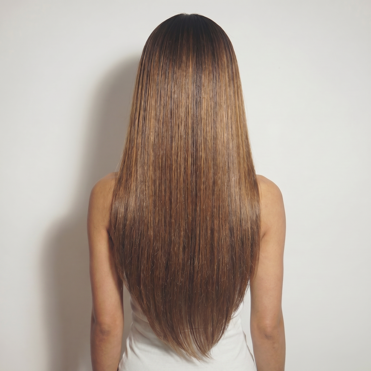 WIGZ 14 - Full back view of 26 inch 200% density STRAIGHT ROOTED DARK BROWN wig.