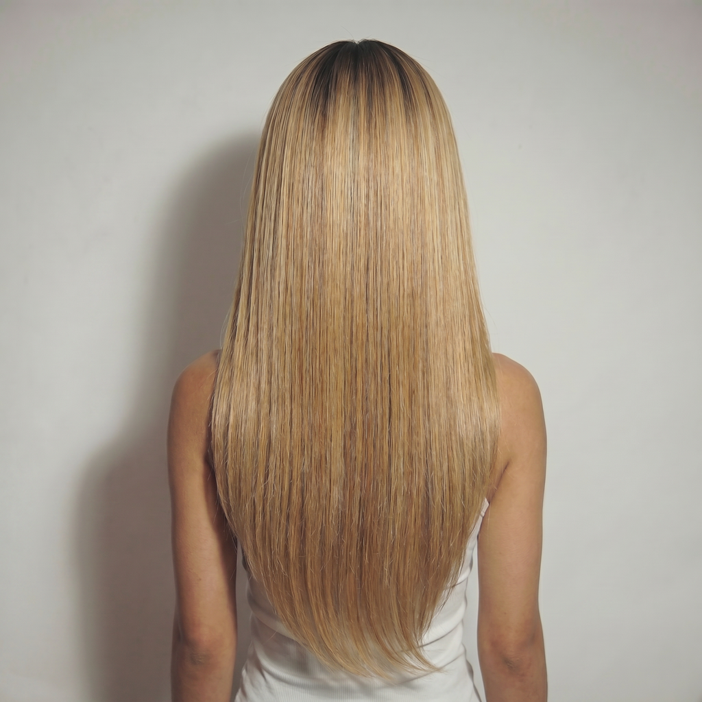 WIGZ 21 - Full back view of 24 inch 200% density STRAIGHT ROOTED BLOND wig.