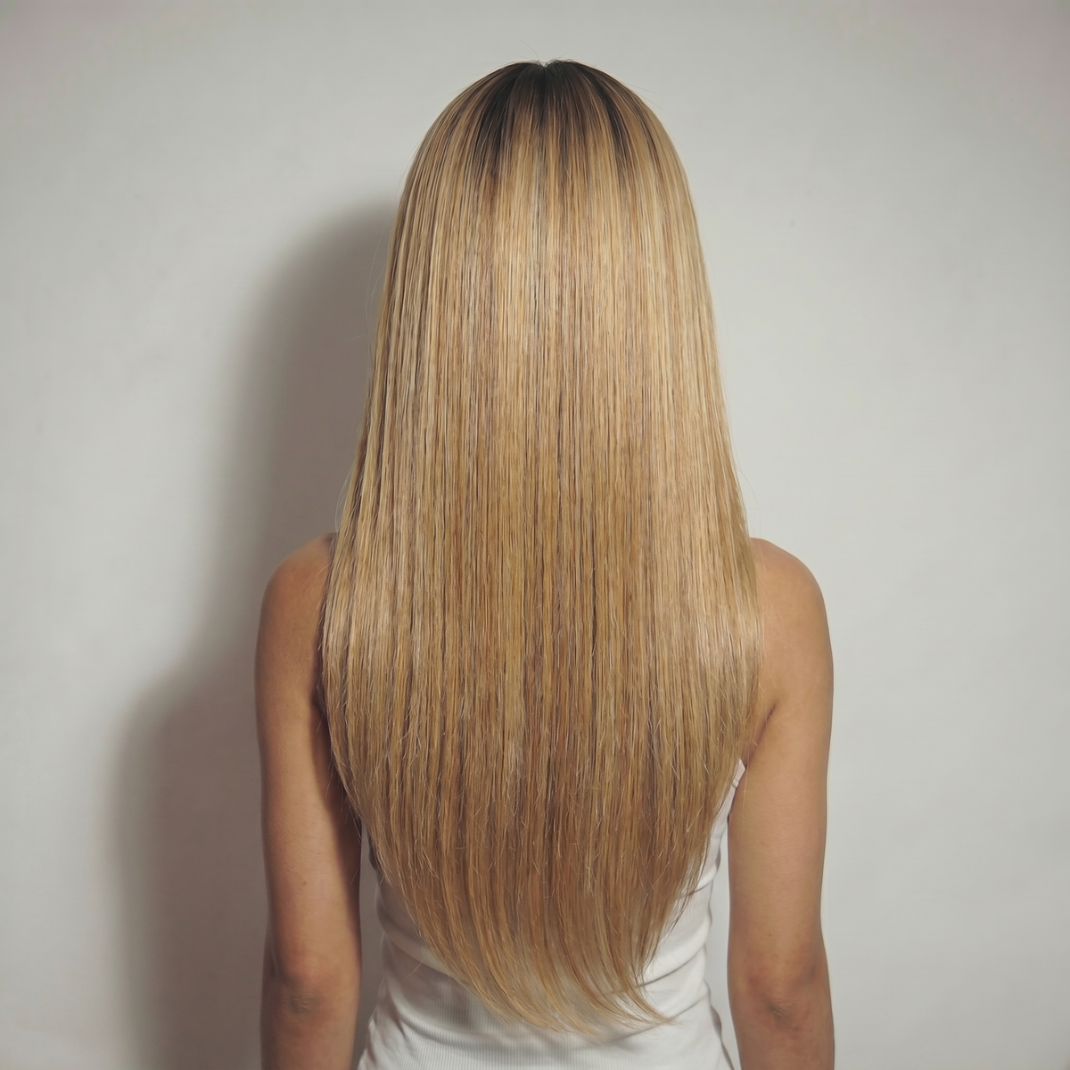 WIGZ 21 - Full back view of 24 inch 200% density STRAIGHT ROOTED BLOND wig.