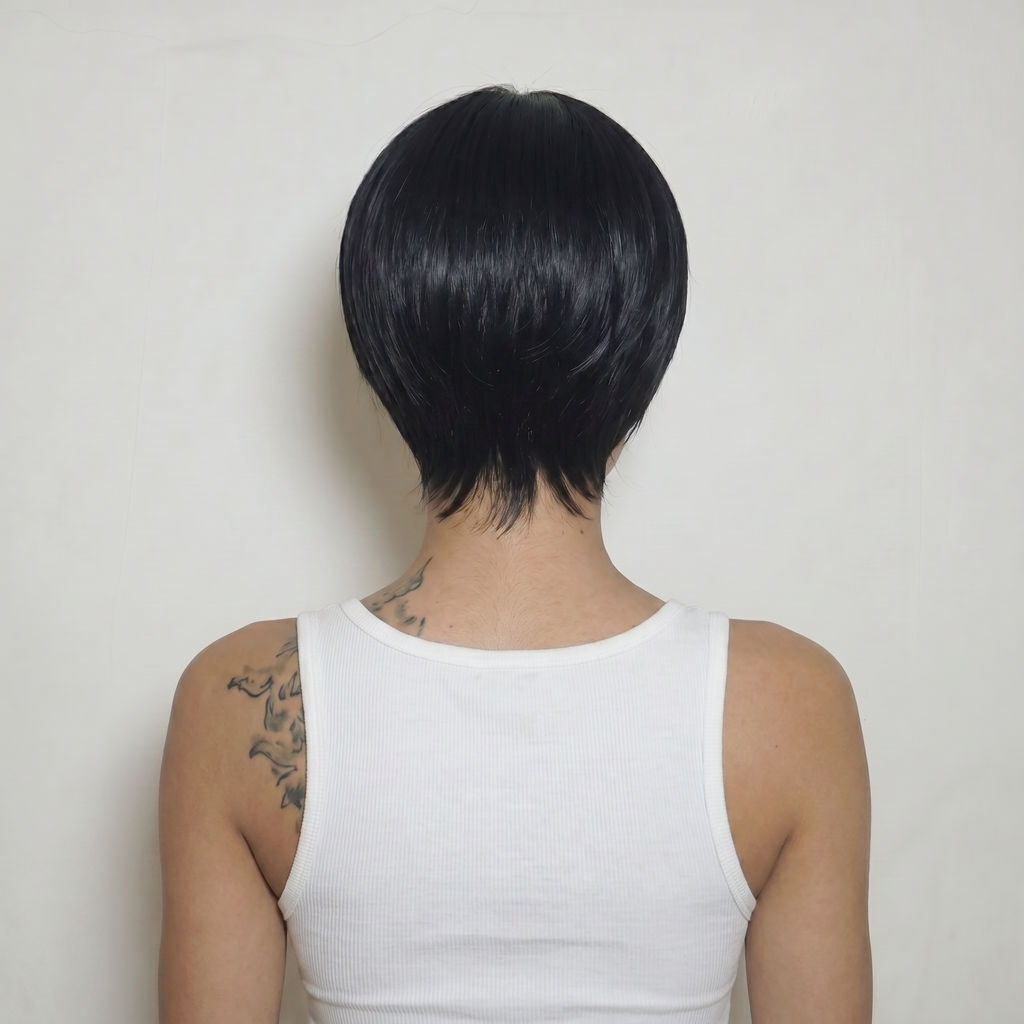WIGZ 22 - Full back view of 8 inch 150% density STRAIGHT OFF BLACK wig.