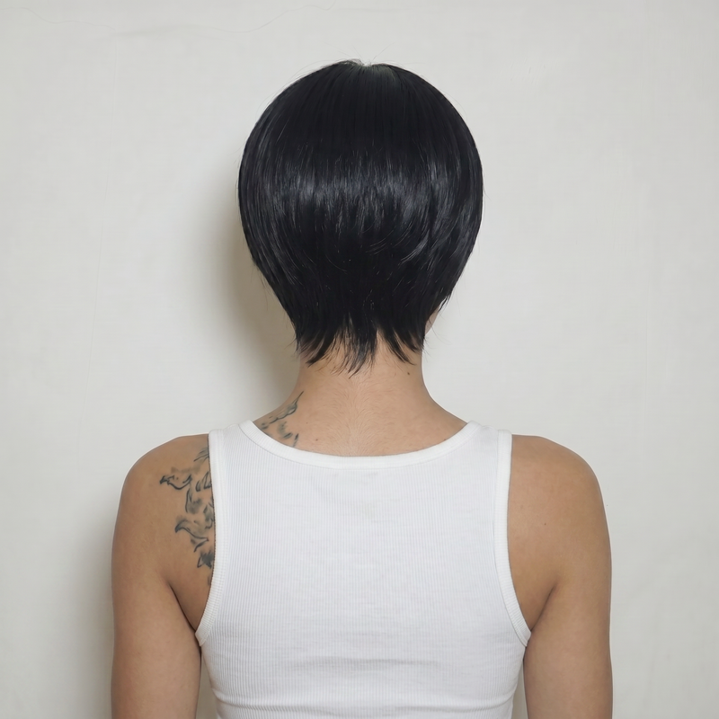 WIGZ 22 - Full back view of 8 inch 150% density STRAIGHT OFF BLACK wig.