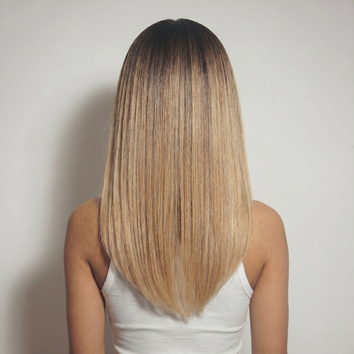 WIGZ 25 - Full back view of 16 inch 180% density STRAIGHT ESPRESSO TO HONEY wig.
