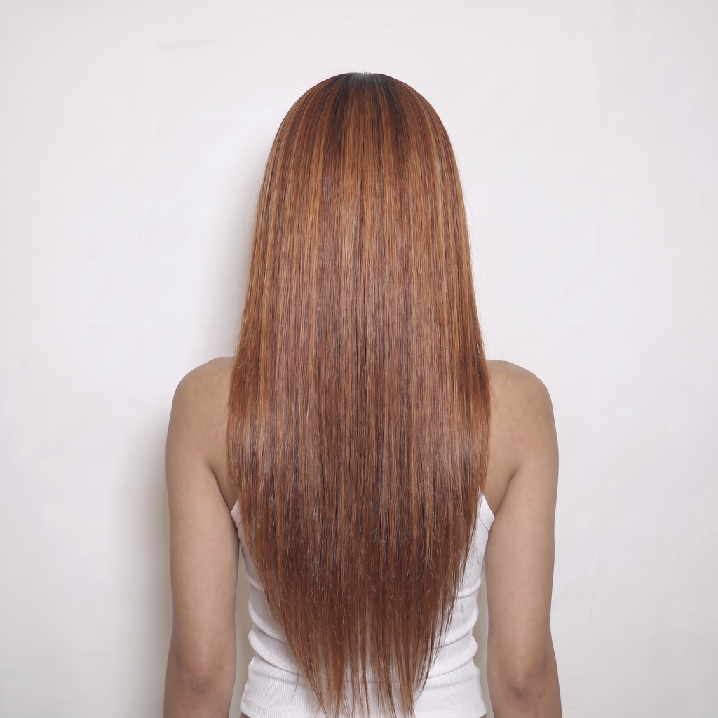 WIGZ 39 - Full back view of 24 inch 180% density STRAIGHT AUBURN HIGHLIGHTS wig.