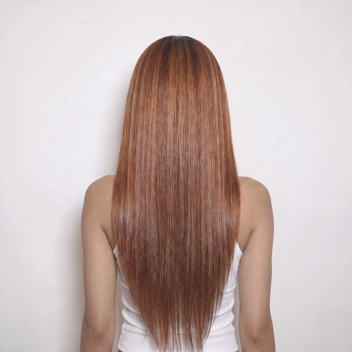 WIGZ 39 - Full back view of 24 inch 180% density STRAIGHT AUBURN HIGHLIGHTS wig.