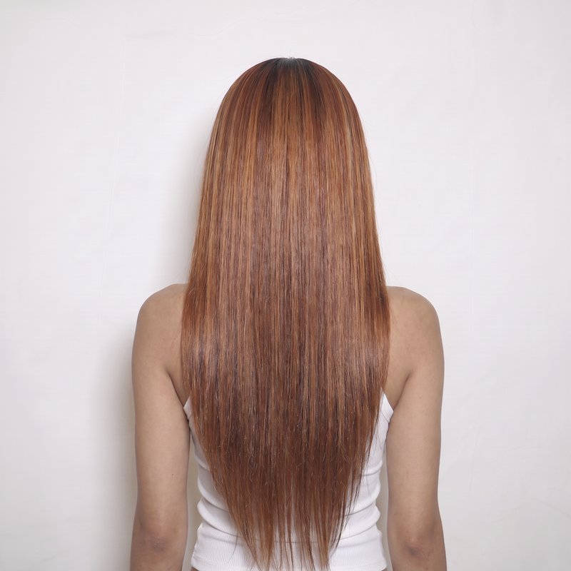 WIGZ 39 - Full back view of 24 inch 180% density STRAIGHT AUBURN HIGHLIGHTS wig.