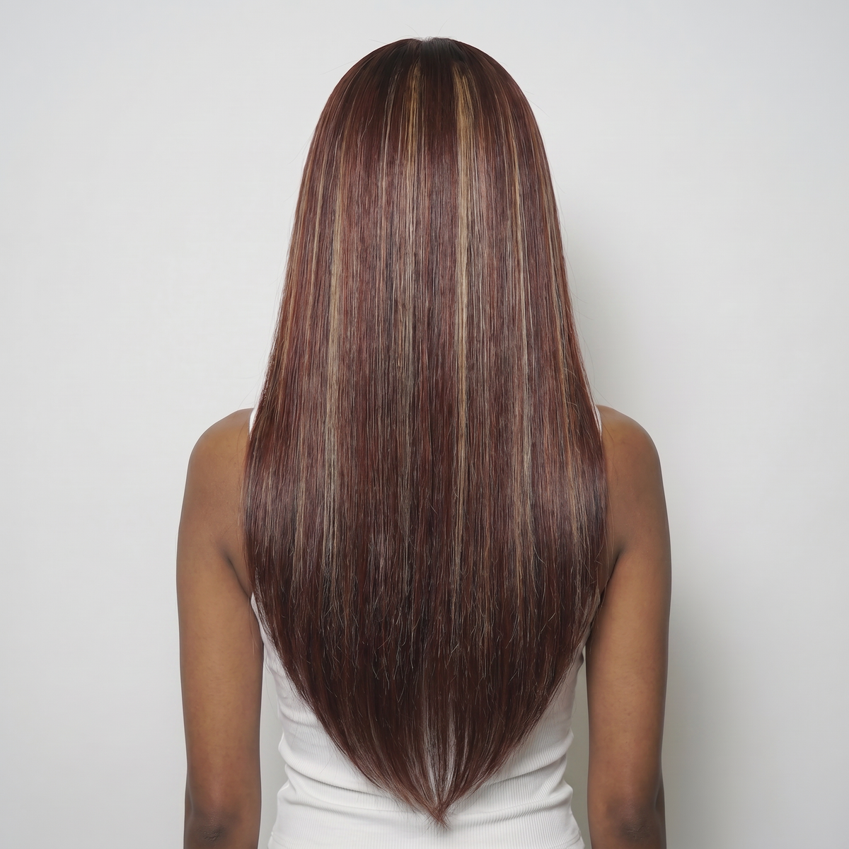 WIGZ 42 - Full back view of 22 inch 180% density STRAIGHT DEEP MAHOGANY BALAYAGE wig.