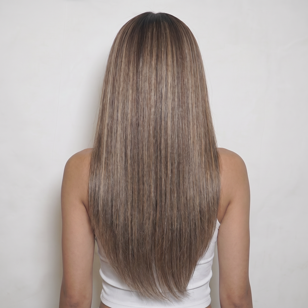 WIGZ 45 - Full back view of 20 inch 180% density STRAIGHT ASH BROWN BALAYAGE wig.