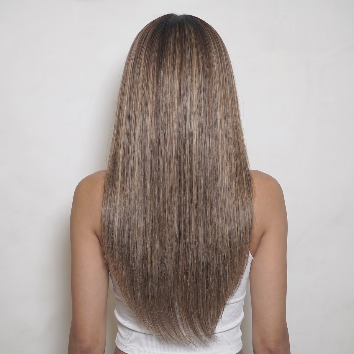 WIGZ 45 - Full back view of 20 inch 180% density STRAIGHT ASH BROWN BALAYAGE wig.