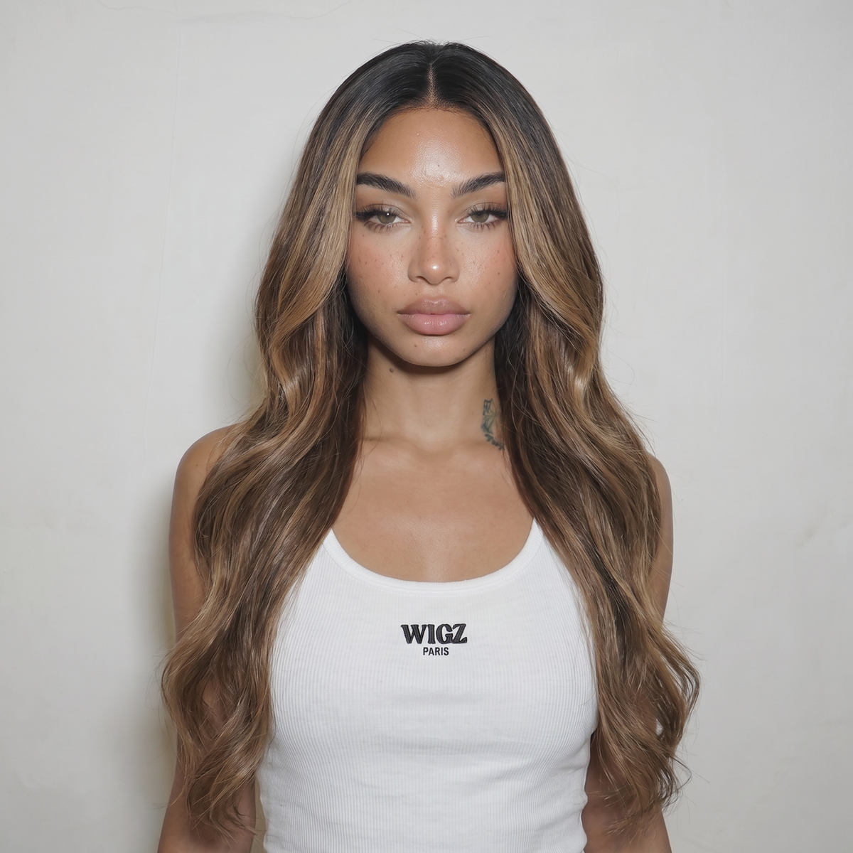 WIGZ 43 - Front view of WAVY HONEY BALAYAGE raw human hair wig.