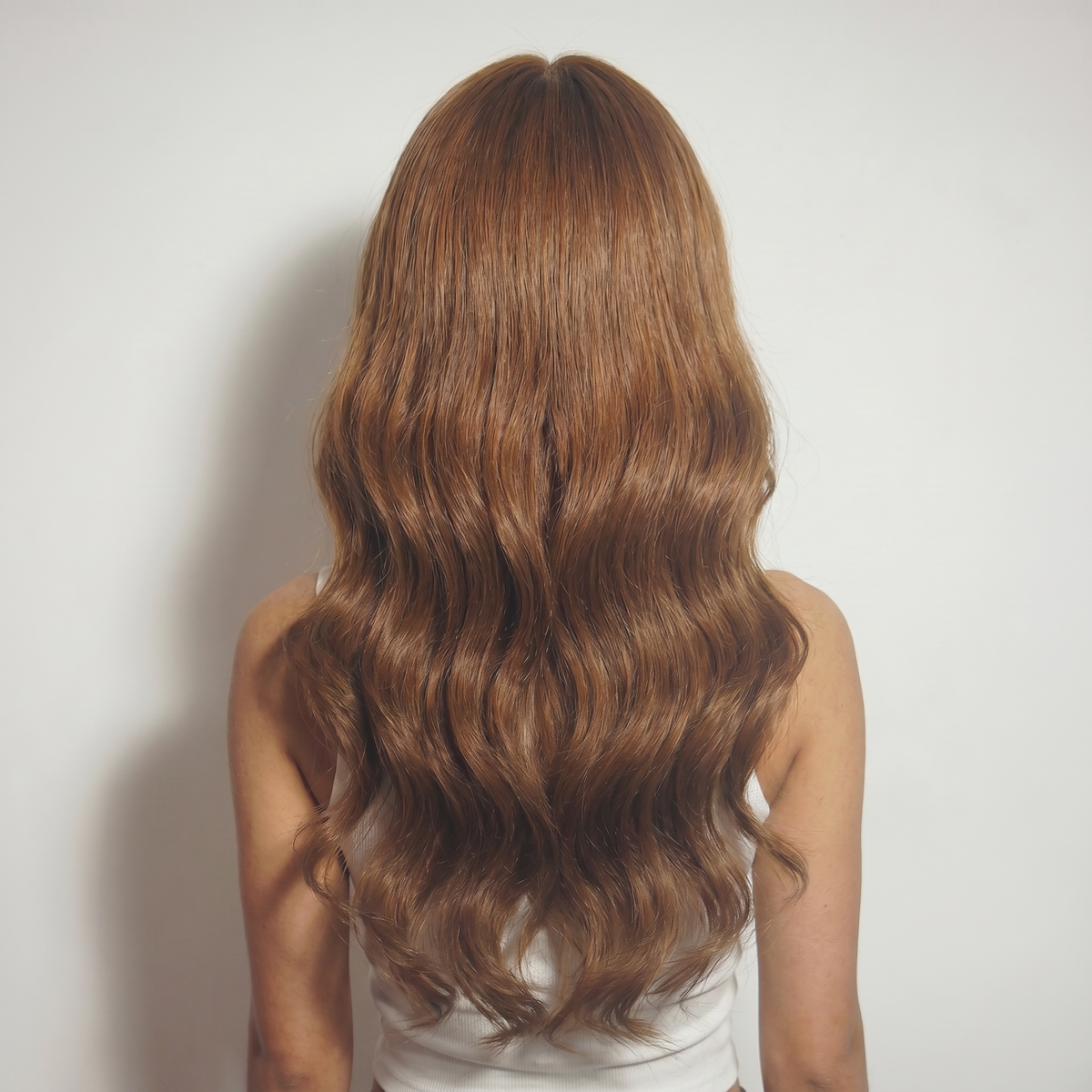 WIGZ 26 - Full back view of 24 inch 200% density WAVY BROWN wig.