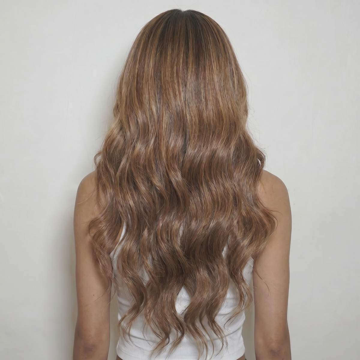 WIGZ 30 - Full back view of 24 inch 200% density WAVY CARAMEL wig.