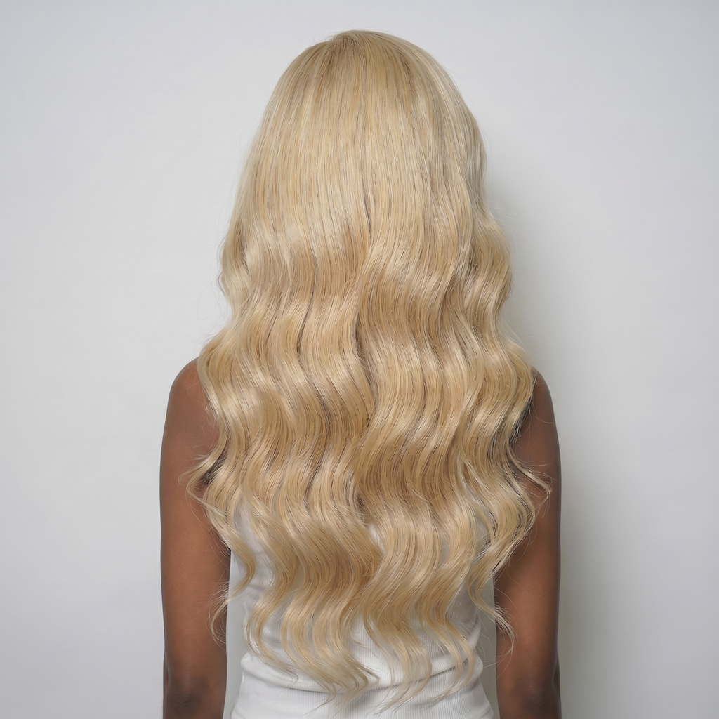 WIGZ 31 - Full back view of 26 inch 200% density WAVY GOLDEN BLONDE wig.