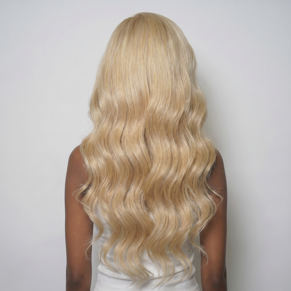 WIGZ 31 - Full back view of 26 inch 200% density WAVY GOLDEN BLONDE wig.