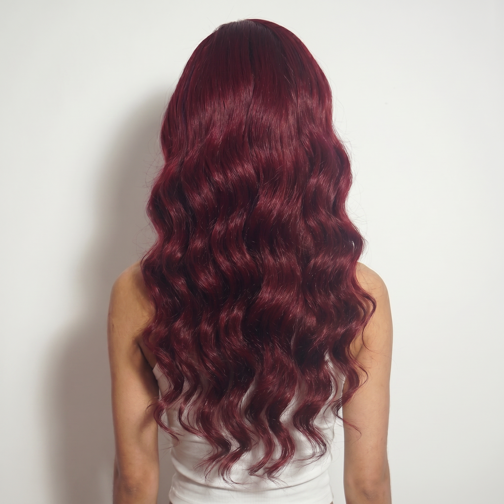 WIGZ 32 - Full back view of 26 inch 200% density WAVY BURGUNDY wig.