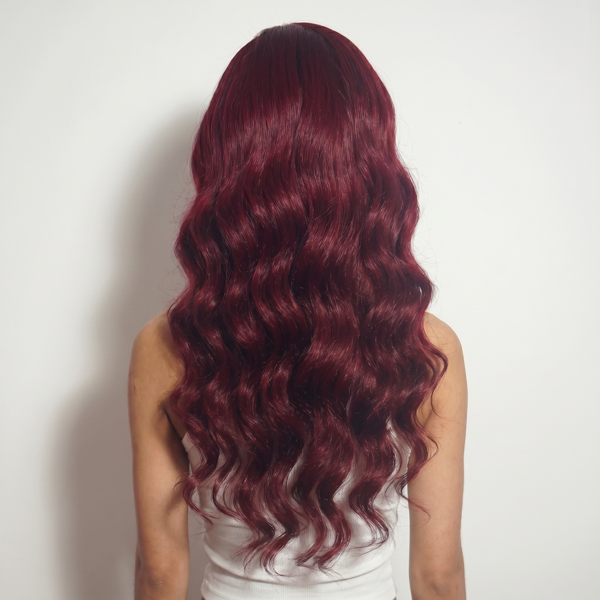 WIGZ 32 - Full back view of 26 inch 200% density WAVY BURGUNDY wig.