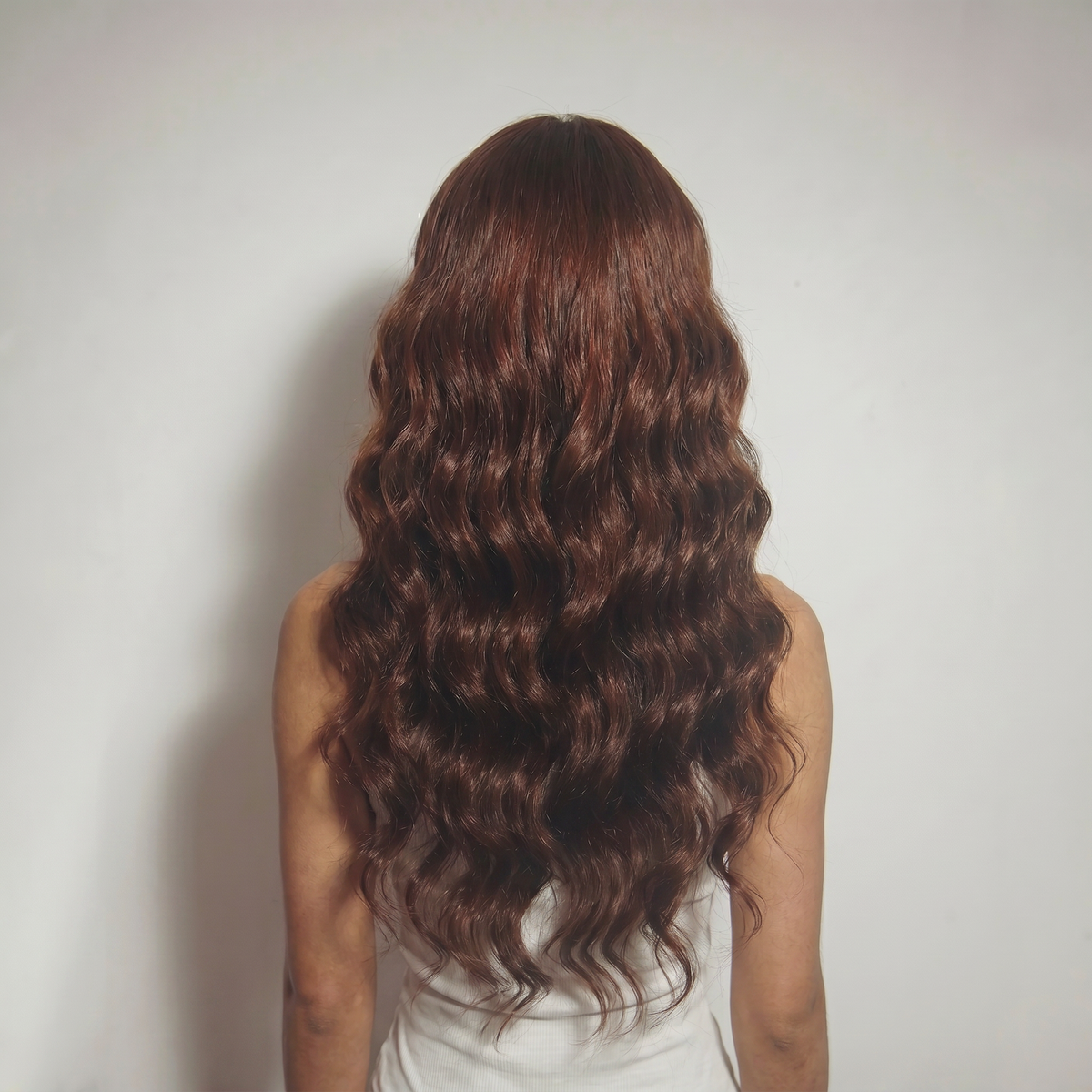 WIGZ 33 - Full back view of 26 inch 200% density WAVY CHESTNUT wig.