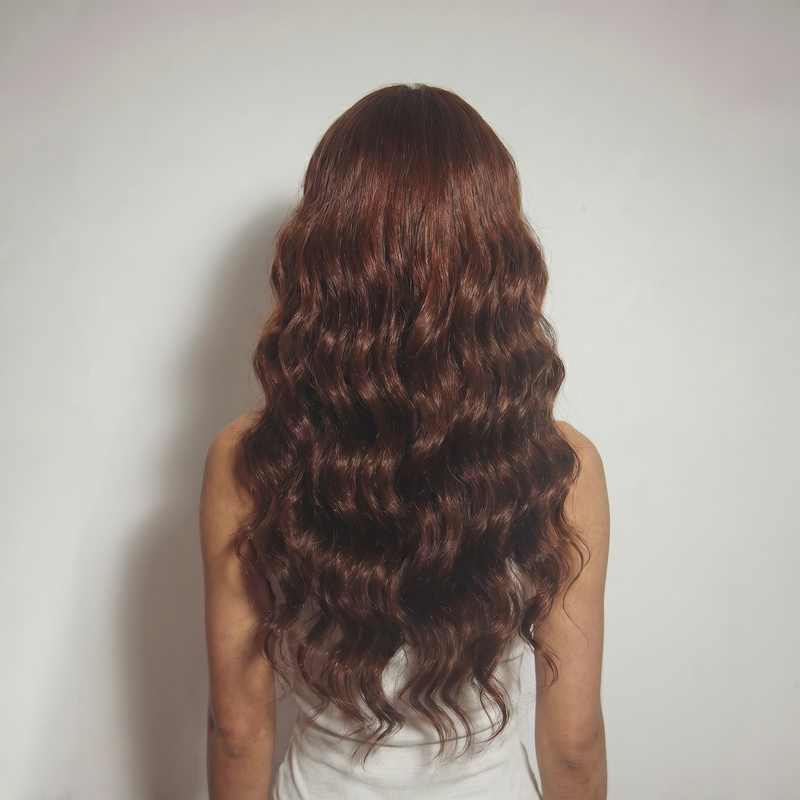 WIGZ 33 - Full back view of 26 inch 200% density WAVY CHESTNUT wig.
