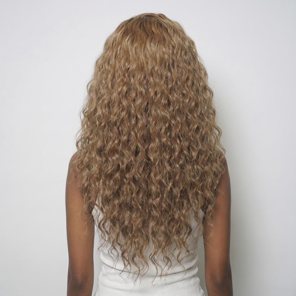 WIGZ 37 - Full back view of 28 inch 200% density WAVY BLONDE wig.