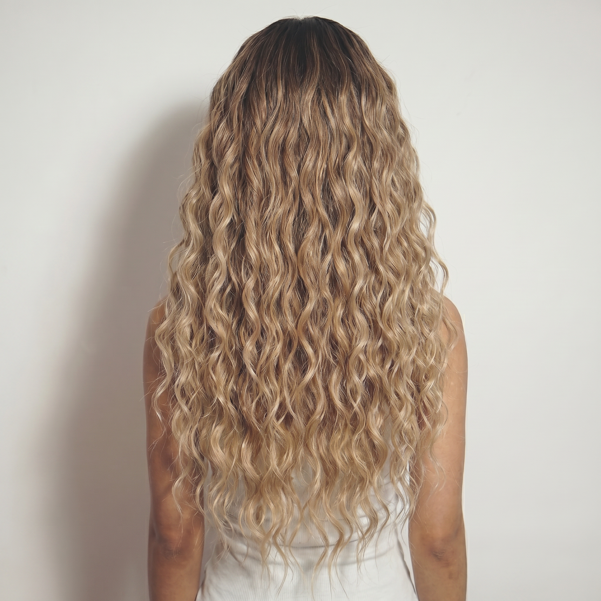 WIGZ 38 - Full back view of 28 inch 200% density WAVY BALAYAGE DARK BROWN TO BLONDE wig.