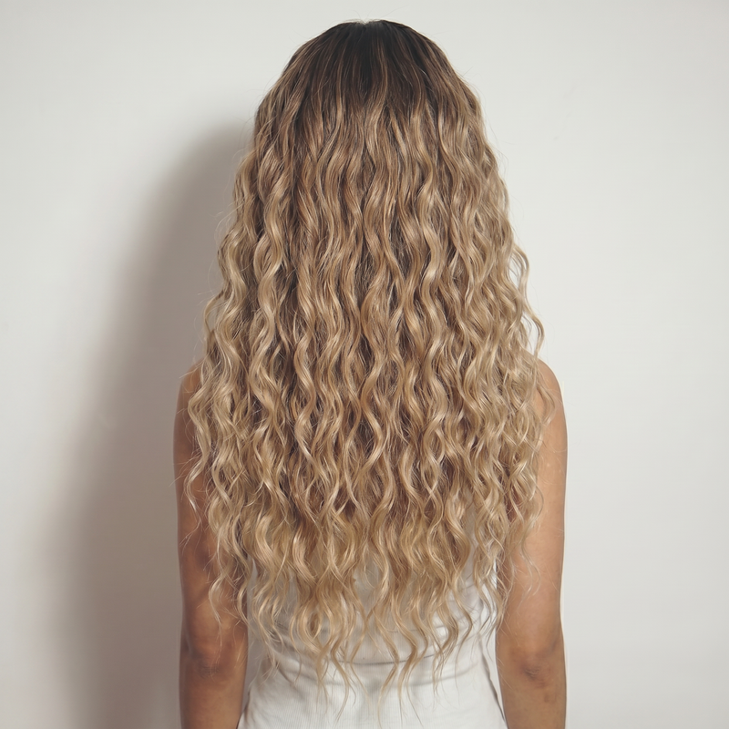 WIGZ 38 - Full back view of 28 inch 200% density WAVY BALAYAGE DARK BROWN TO BLONDE wig.