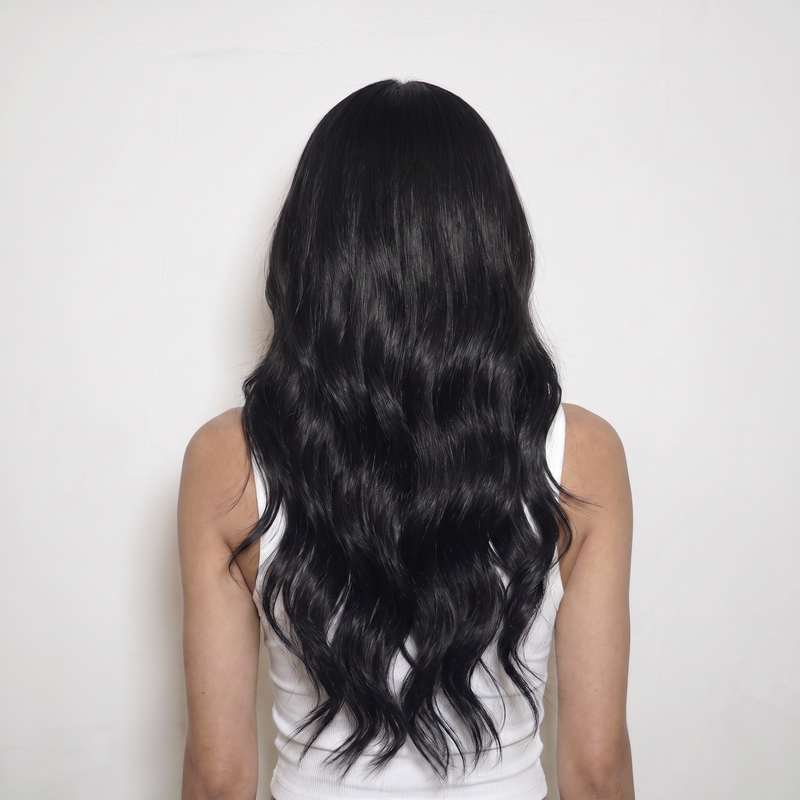 WIGZ 46 - Full back view of 24 inch 180% density WAVY JET BLACK wig.