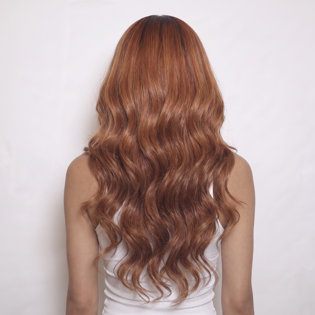 WIGZ 49 - Full back view of 24 inch 180% density WAVY AUBURN HIGHLIGHTS wig.