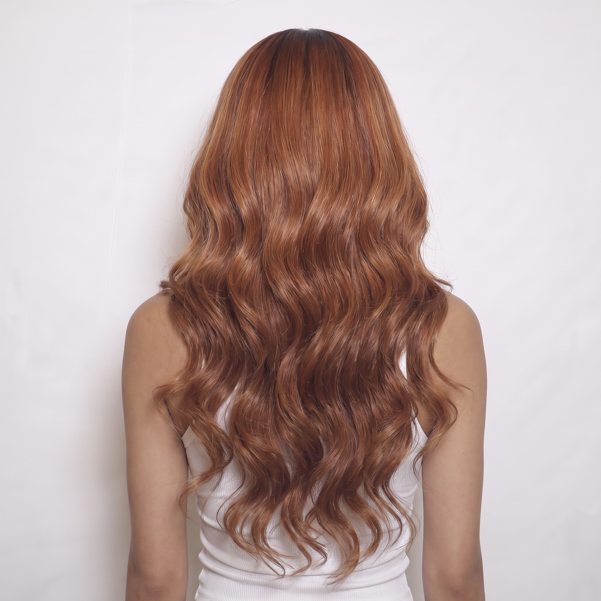 WIGZ 49 - Full back view of 24 inch 180% density WAVY AUBURN HIGHLIGHTS wig.