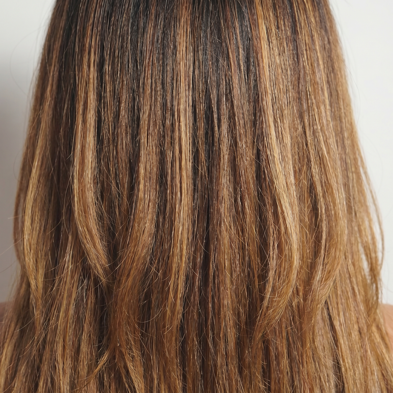 WIGZ 24 - Macro close-up of STRAIGHT COFFEE BALAYAGE PURE-VIRGIN HAIR™ texture and shine.