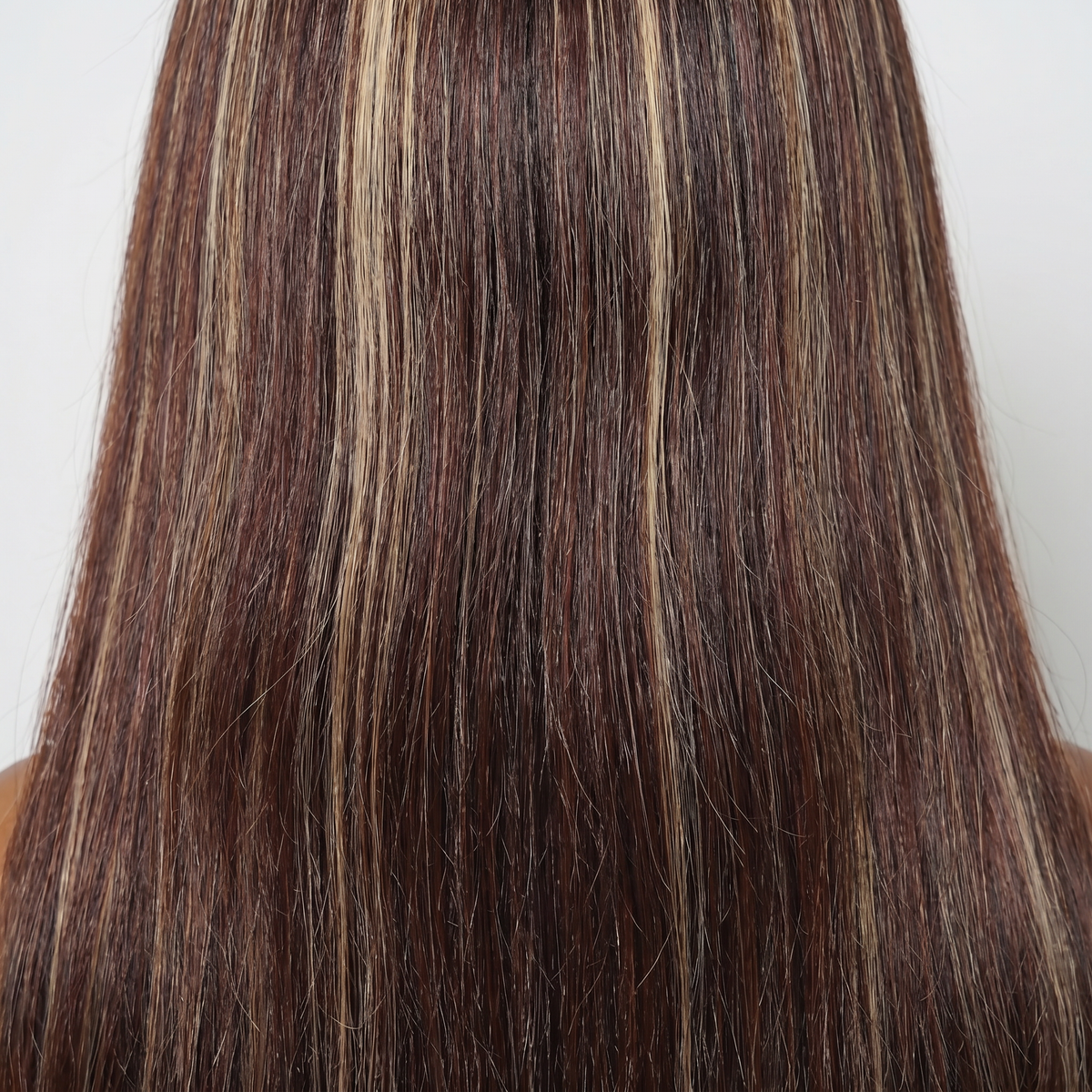 WIGZ 42 - Macro close-up of STRAIGHT DEEP MAHOGANY BALAYAGE PURE-VIRGIN HAIR™ texture and shine.