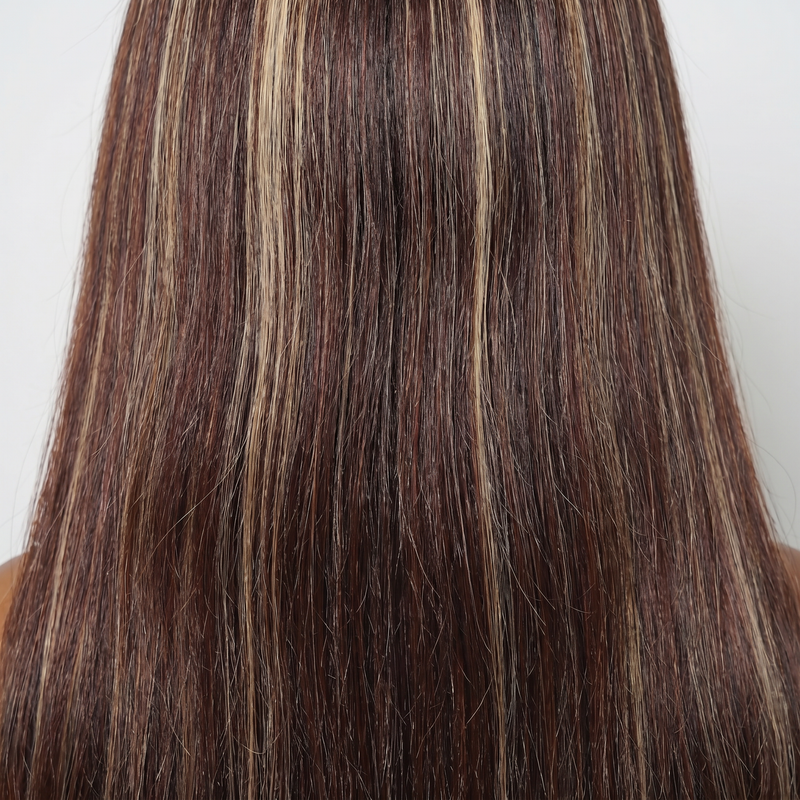 WIGZ 42 - Macro close-up of STRAIGHT DEEP MAHOGANY BALAYAGE PURE-VIRGIN HAIR™ texture and shine.