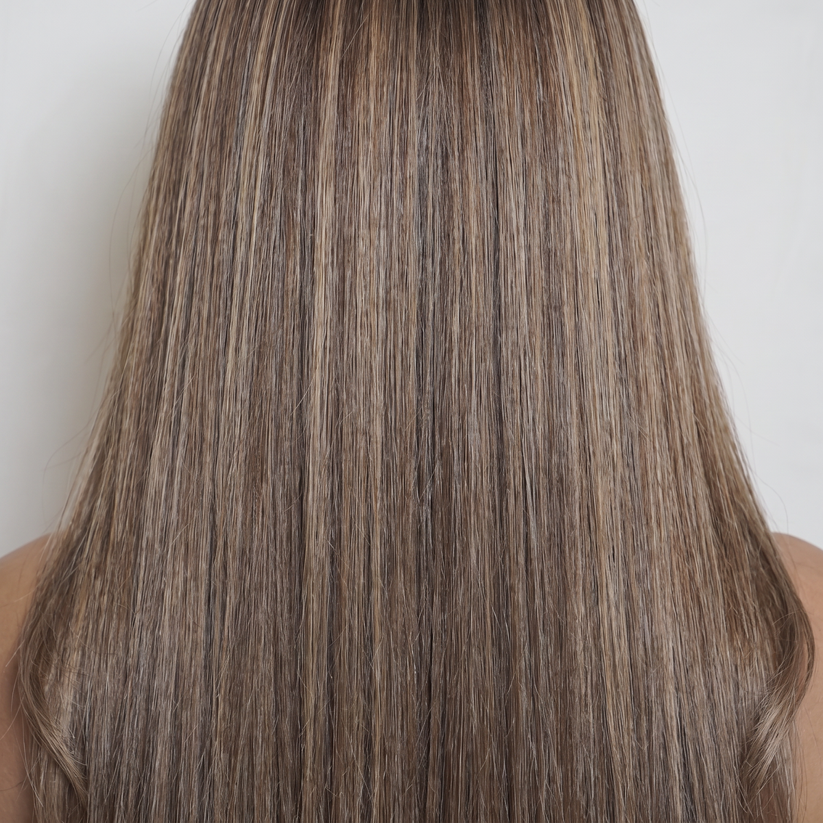 WIGZ 45 - Macro close-up of STRAIGHT ASH BROWN BALAYAGE PURE-VIRGIN HAIR™ texture and shine.