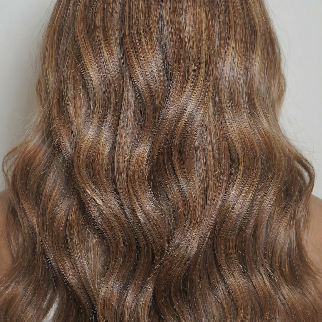 WIGZ 30 - Macro close-up of WAVY CARAMEL PURE-VIRGIN HAIR™ texture and shine.