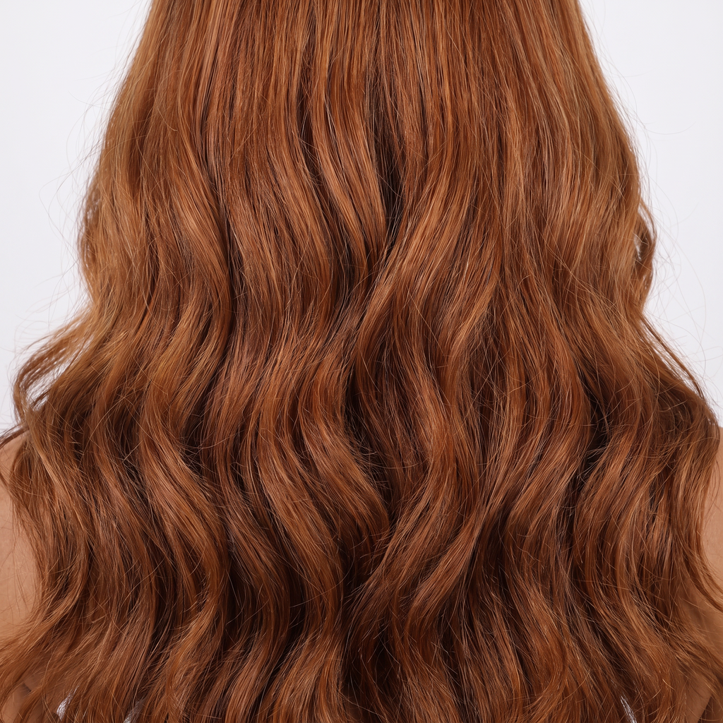 WIGZ 49 - Macro close-up of WAVY AUBURN HIGHLIGHTS PURE-VIRGIN HAIR™ texture and shine.