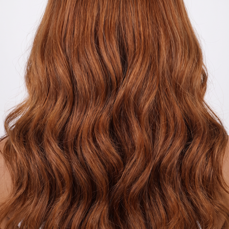 WIGZ 49 - Macro close-up of WAVY AUBURN HIGHLIGHTS PURE-VIRGIN HAIR™ texture and shine.