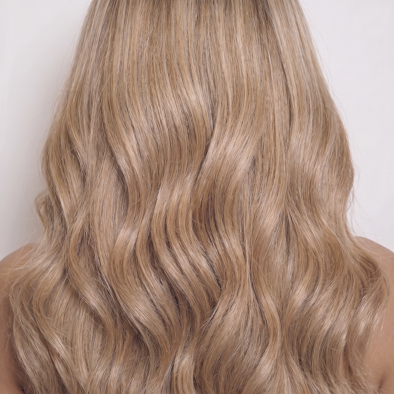 WIGZ 50 - Macro close-up of WAVY BLONDE BALAYAGE PURE-VIRGIN HAIR™ texture and shine.