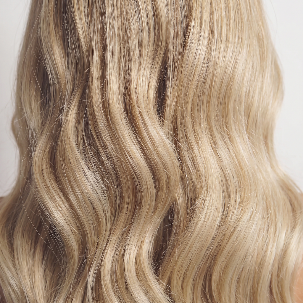 WIGZ 51 - Macro close-up of WAVY BEIGE BLONDE BALAYAGE PURE-VIRGIN HAIR™ texture and shine.