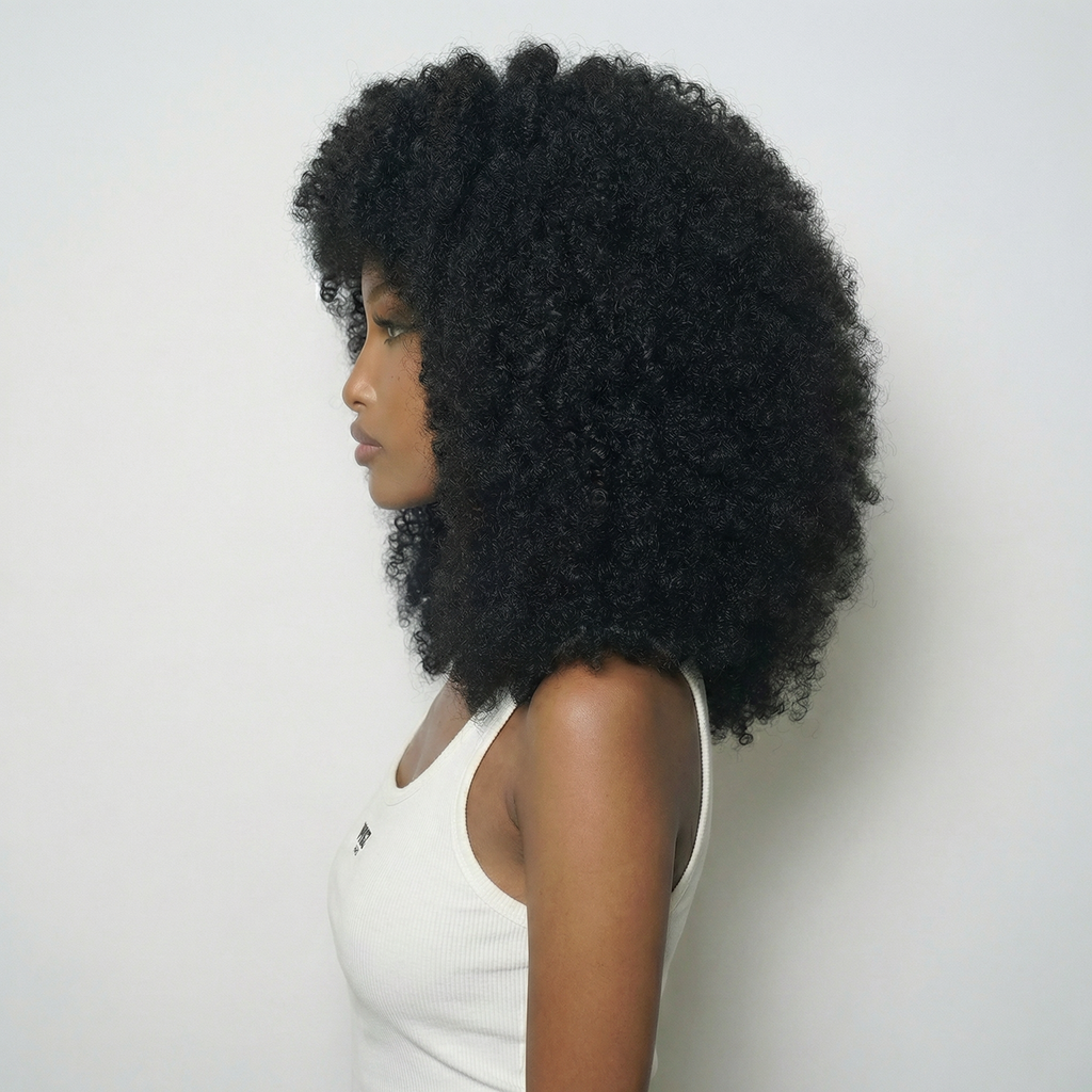 WIGZ 02 - Side profile view of layered AFRO NATURAL BLACK virgin hair wig with WIGZ LAB CAP™.