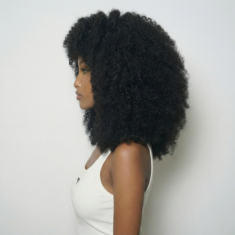 WIGZ 02 - Side profile view of layered AFRO NATURAL BLACK virgin hair wig with WIGZ LAB CAP™.