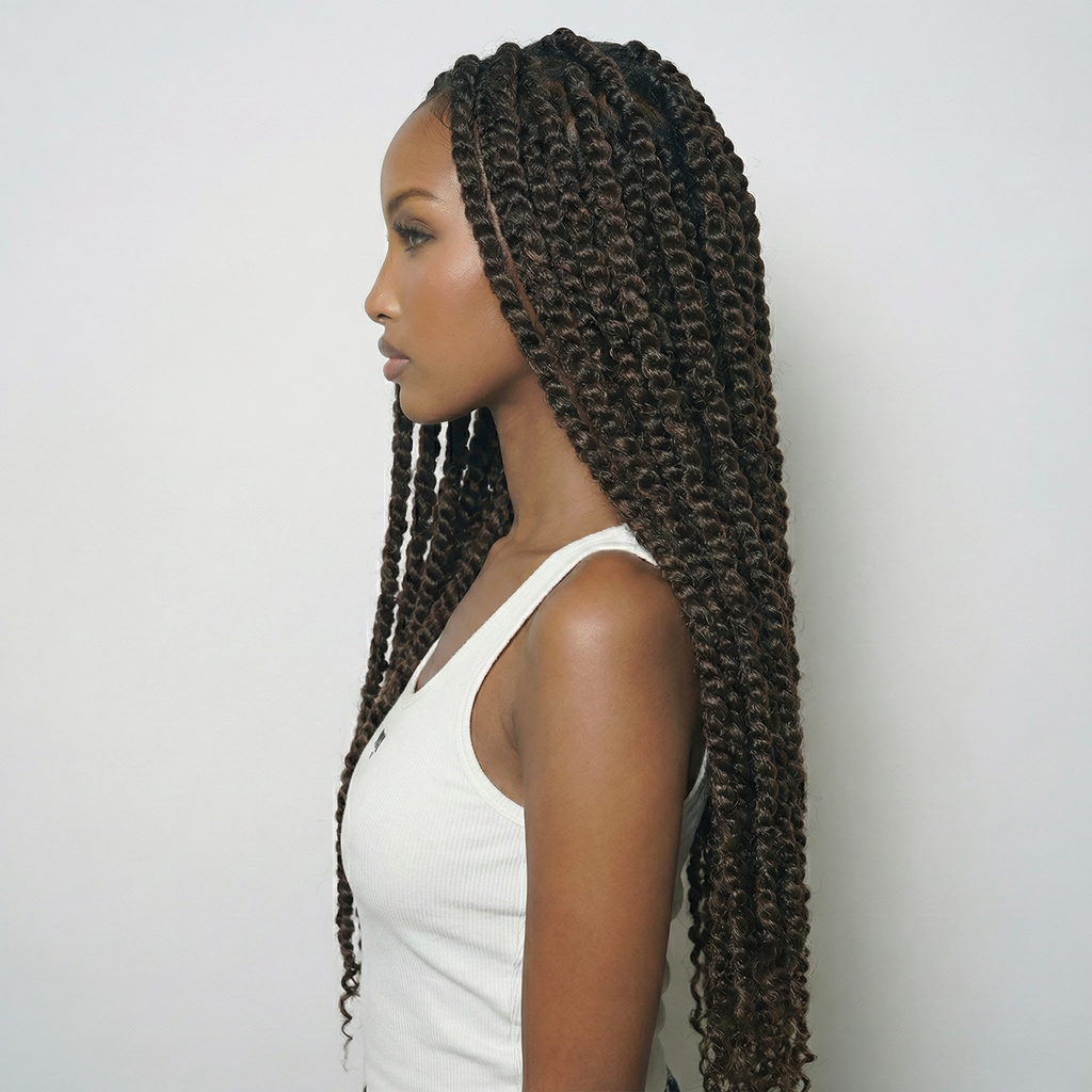 WIGZ 05 - Side profile view of layered AFRO PASSION TWISTS virgin hair wig with WIGZ LAB CAP™.