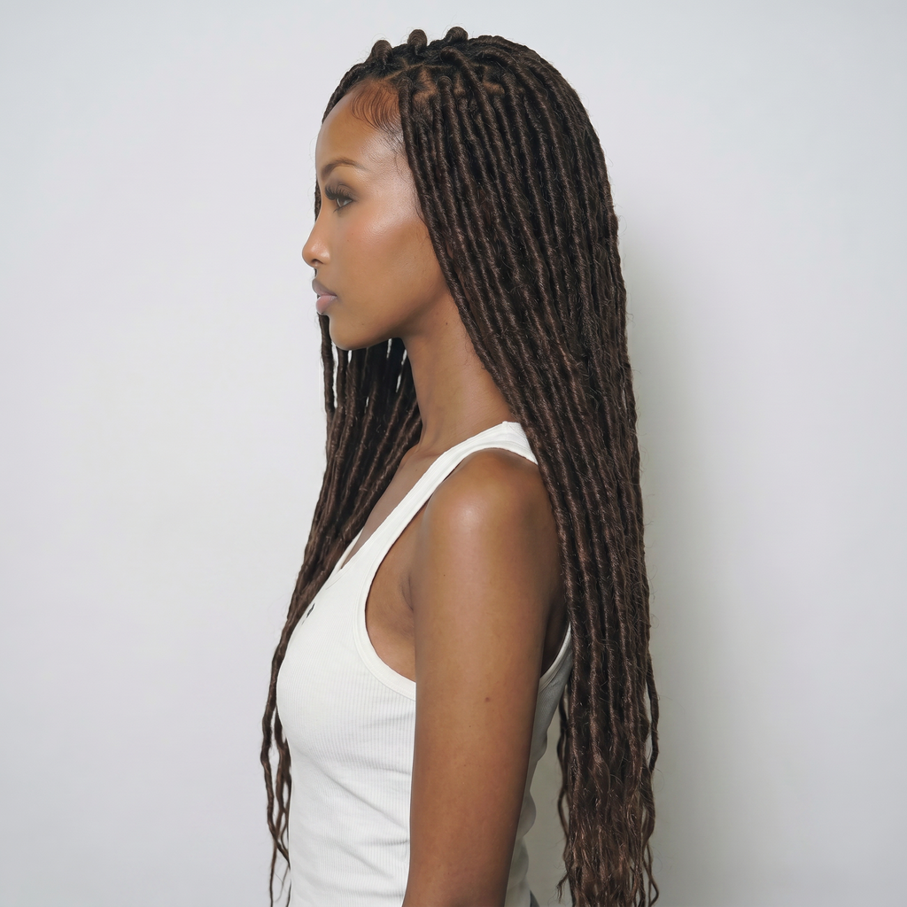 WIGZ 06 - Side profile view of layered AFRO BOHO DREADS virgin hair wig with WIGZ LAB CAP™.