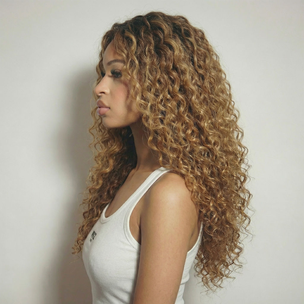 WIGZ 10 - Side profile view of layered CURLY BLONDE BALAYAGE virgin hair wig with WIGZ LAB CAP™.
