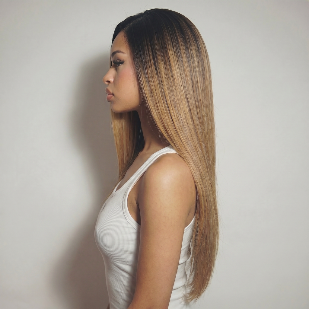 WIGZ 13 - Side profile view of layered STRAIGHT ROOTED HONEY virgin hair wig with WIGZ LAB CAP™.