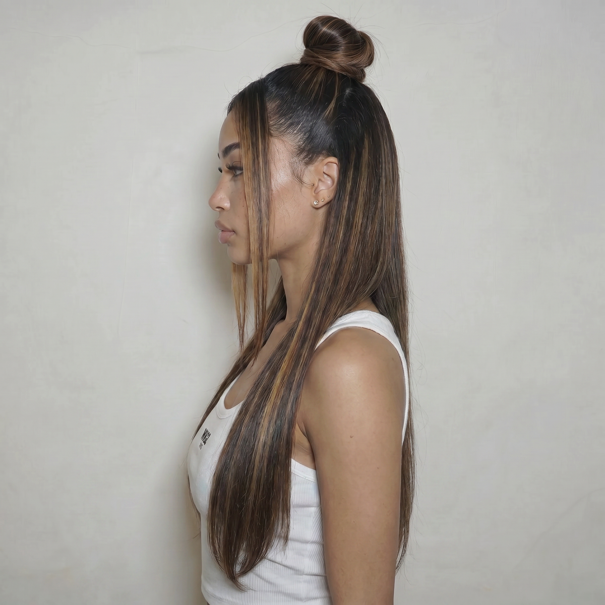 WIGZ 15 - Side profile view of layered STRAIGHT BLACK BALAYAGE virgin hair wig with WIGZ LAB CAP™.